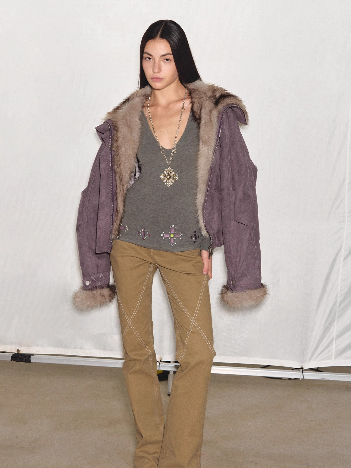 Faux-Suede Fur-Collar Quilted Parka