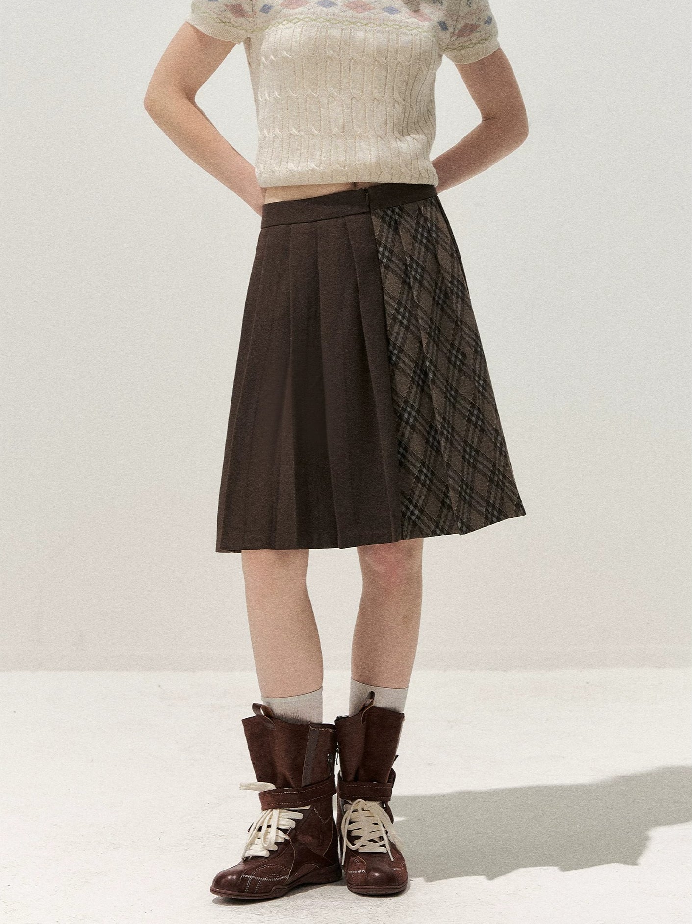 Brown Plaid Pleated Skirt