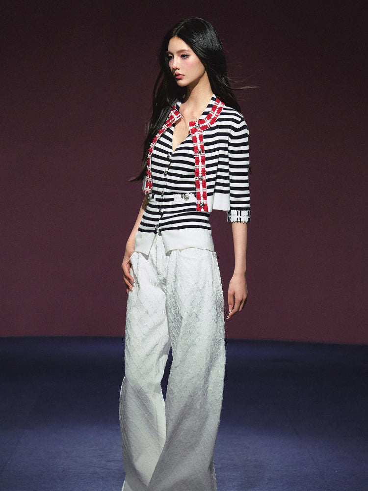 Contrast Stripe Halter Camisole Tank Top & Cardigan Set