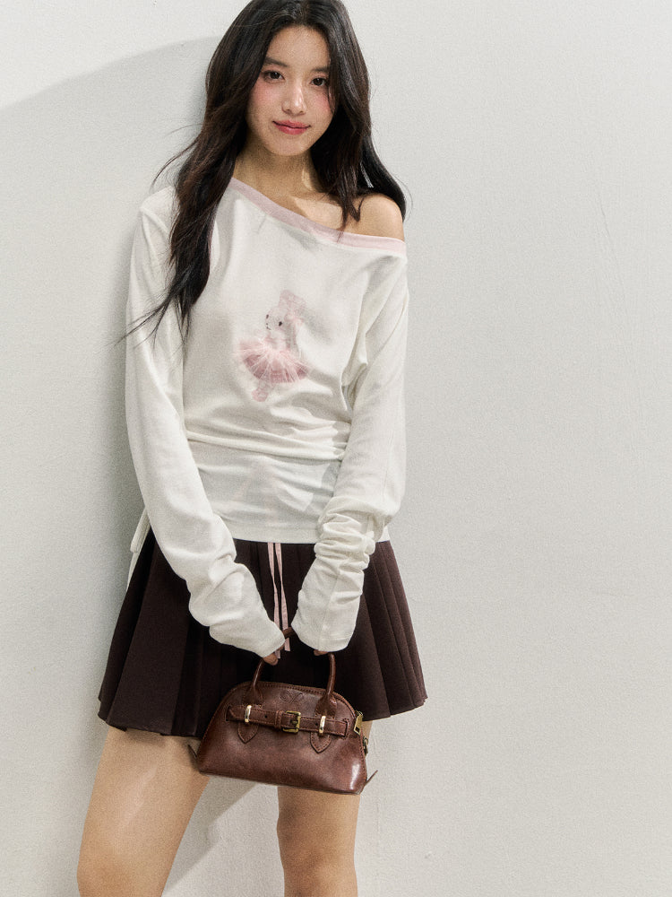 Asymmetric Shoulder 3D Bunny Long-Sleeve T-Shirt