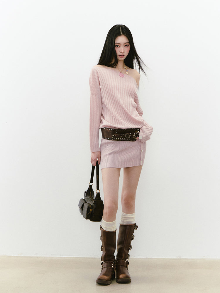 Off-Shoulder Slant Shoulder Button Dress