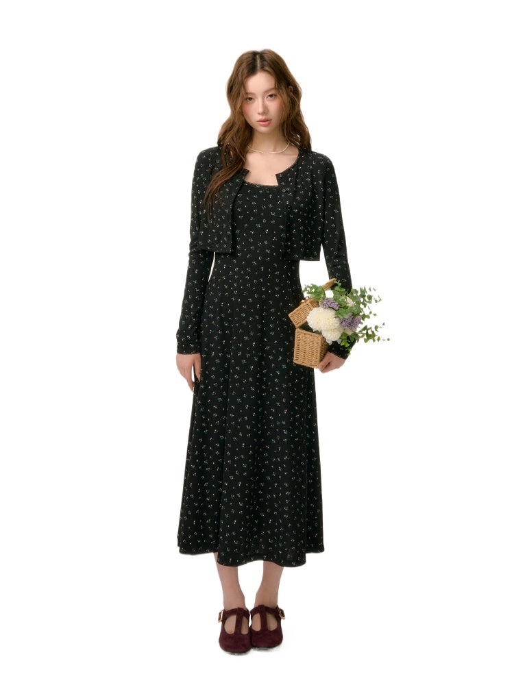 Dropped Shoulder Floral Knit Dress & Cardigan Set