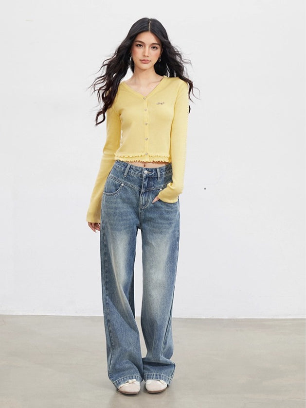 Lace-Trim Slim Knit Cardigan