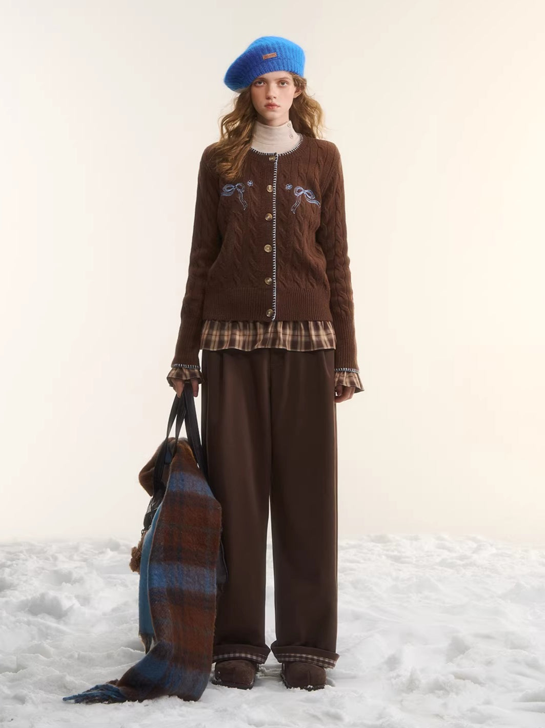 Brown Bow Embroidered Cable Knit Cardigan