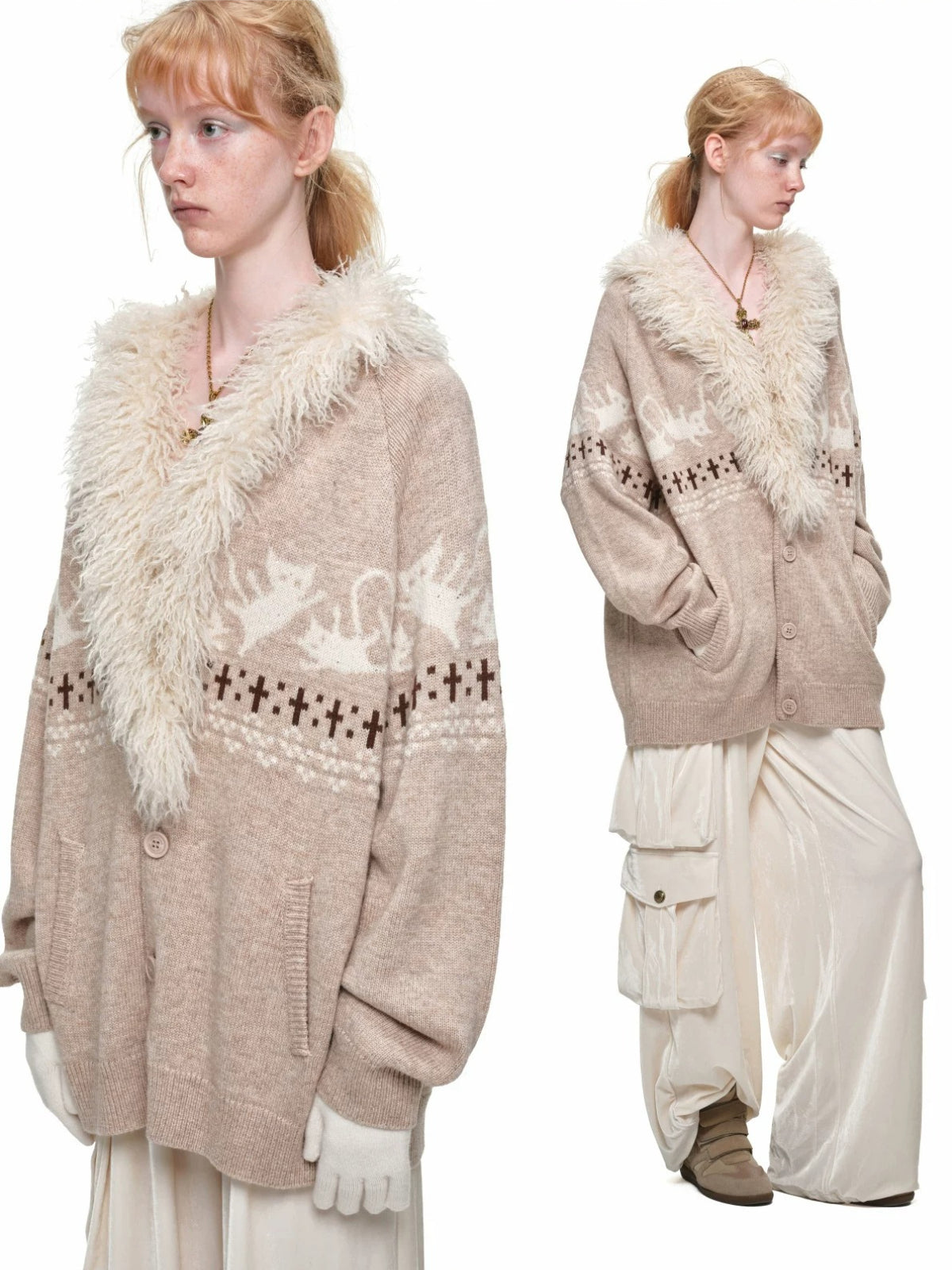 Lamb Fur V-Neck Knit Bodysuit