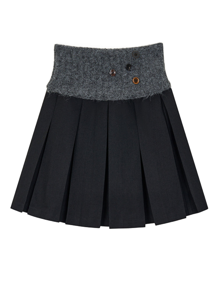 Patchwork Button Wool Pleated Skirt