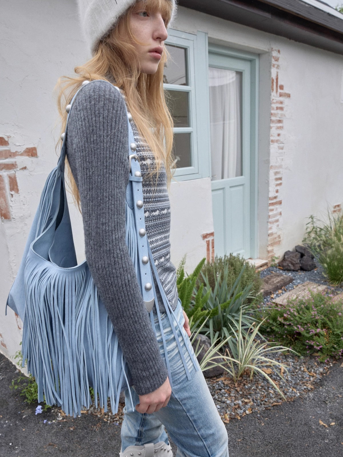 Suede Fringe Stud Tote