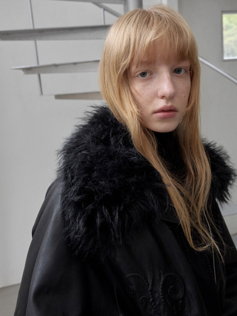 Embroidered Faux Fur Collar Leather Jacket