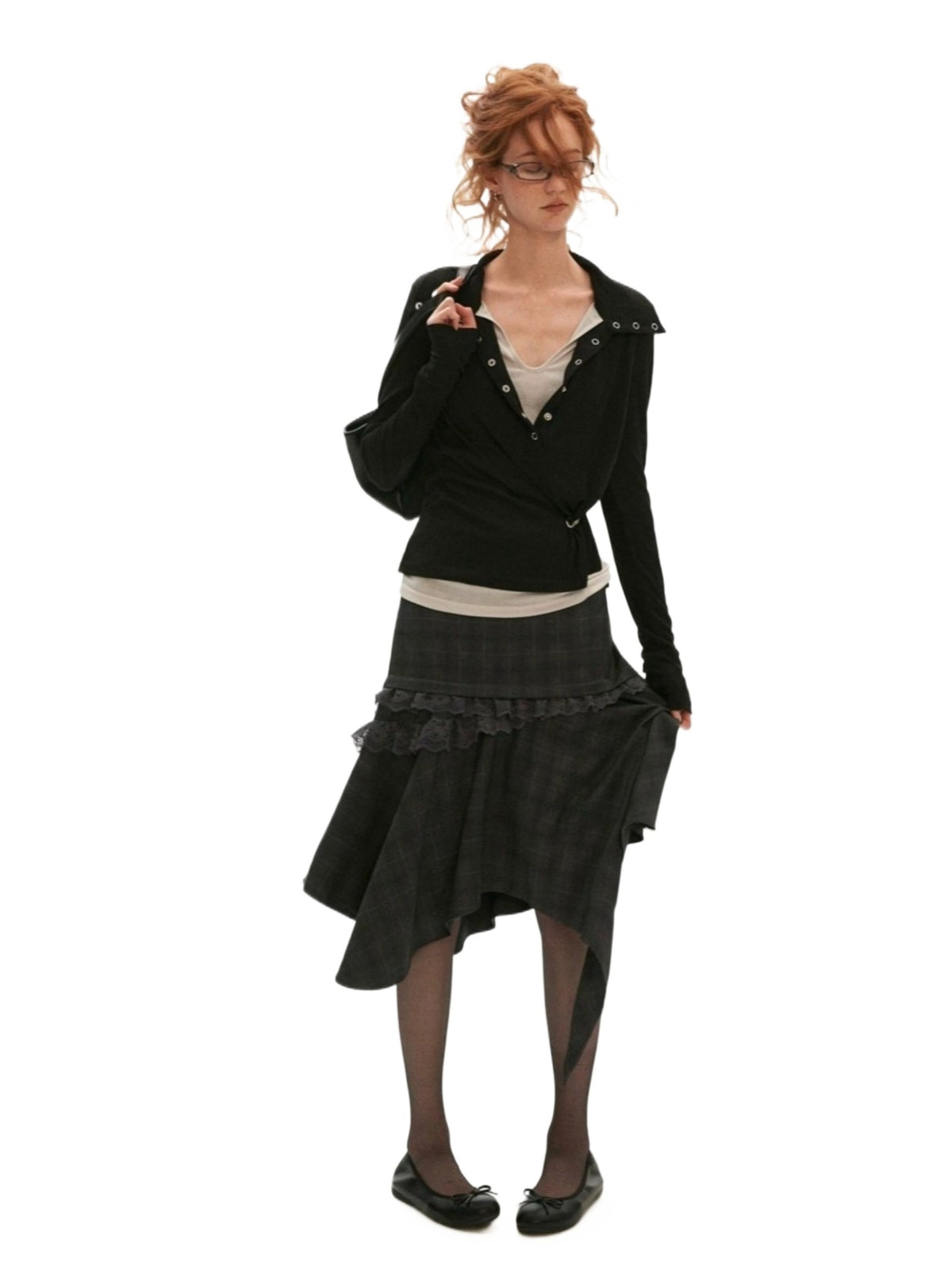 Asymmetrical Layered Plaid Midi Skirt