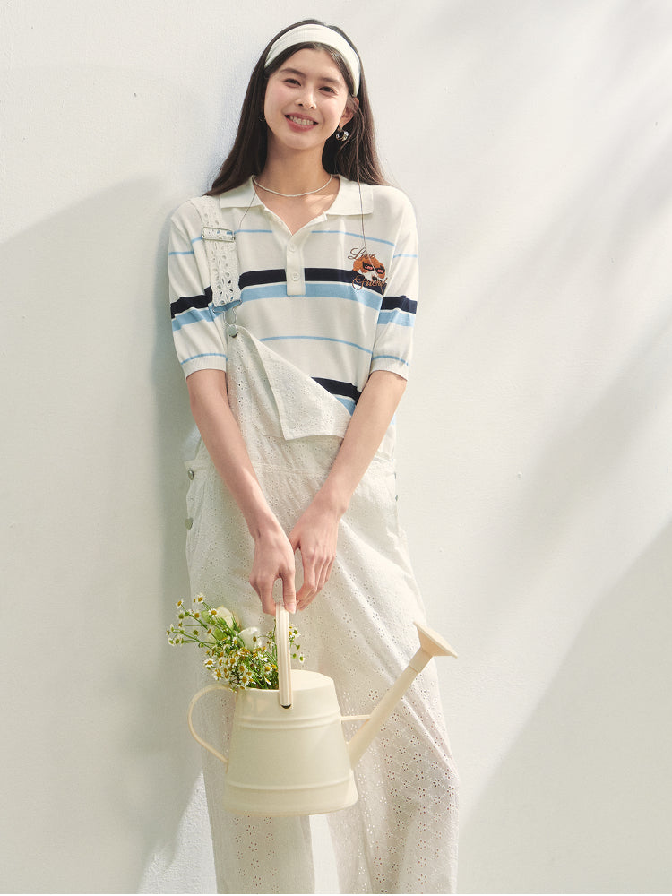 Embroidered Striped Knitted Short-sleeve Polo Shirt