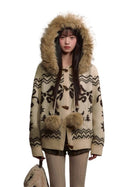 Fair Isle Fur Collar Toggle Knit Coat
