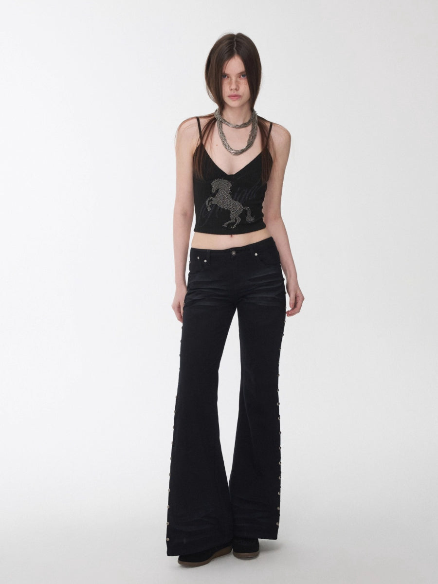 Studded Flared Denim Whisker Detailing Jeans