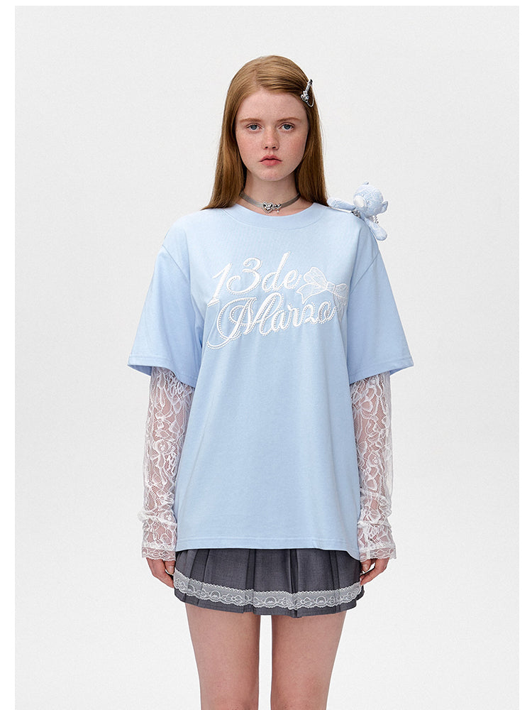 Lace Bear Fake Two- Piece Round-Neck T-Shirt