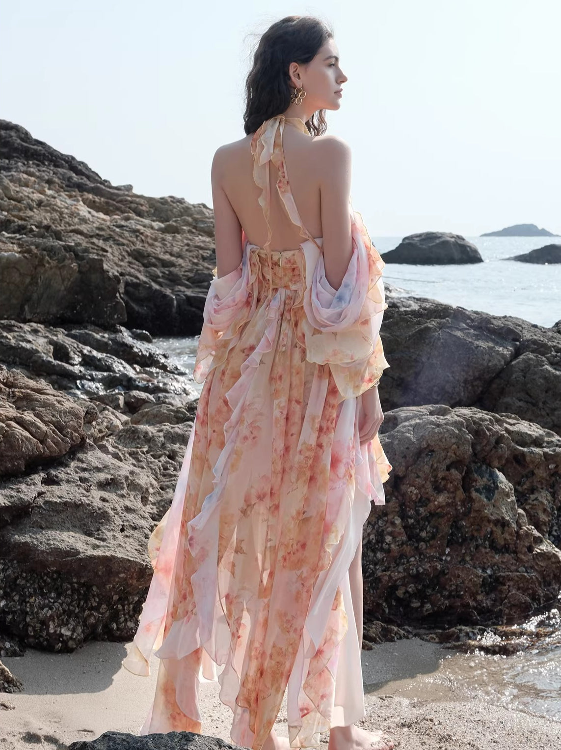 Guggi Printed Chiffon Halter Dress