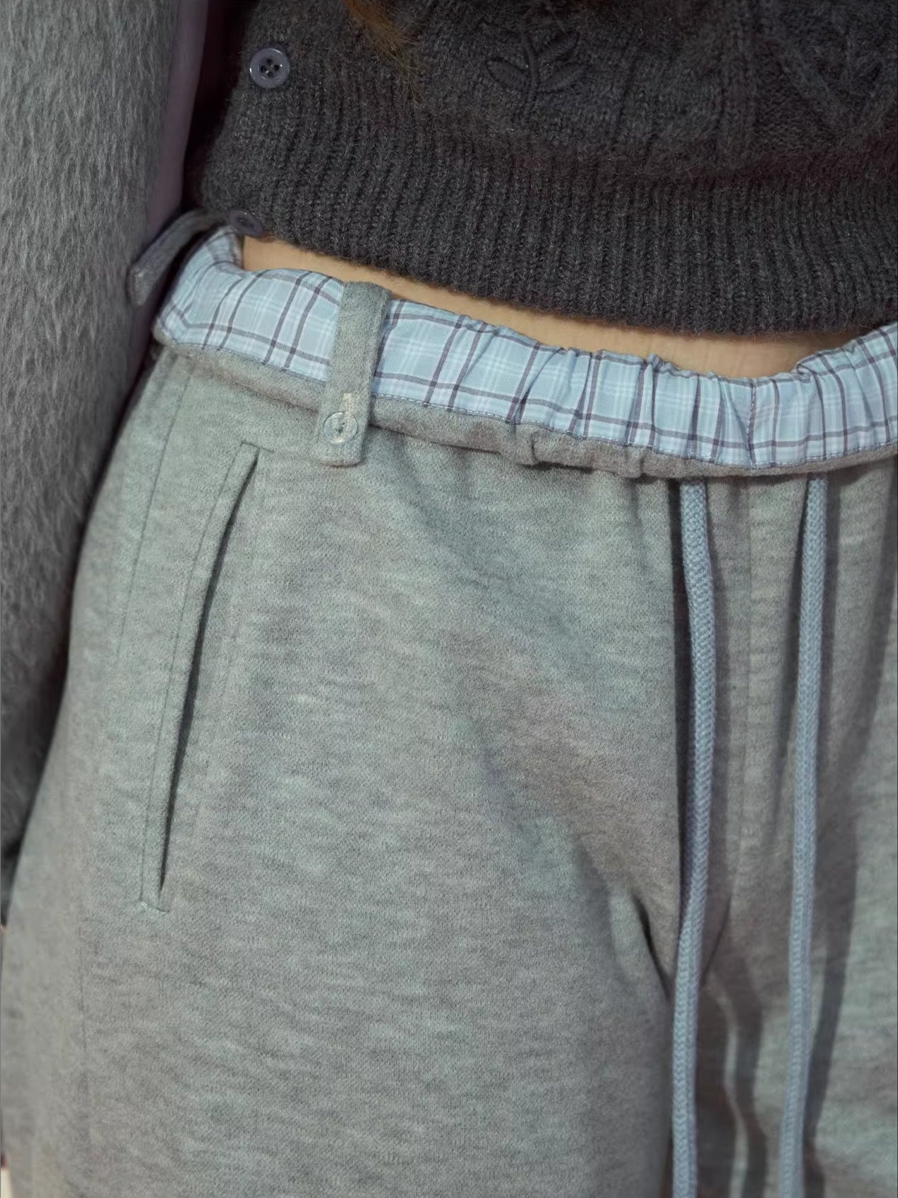 Checked Waist Wool Straight-Leg Pants