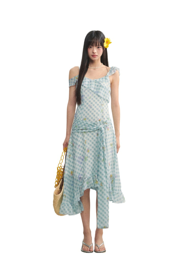 Checkered Print Asymmetrical Slip Dress