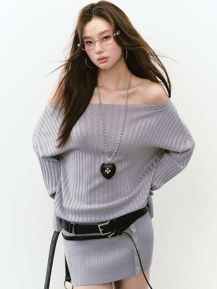 Thin One-shoulder Oblique-shoulder Button Dress