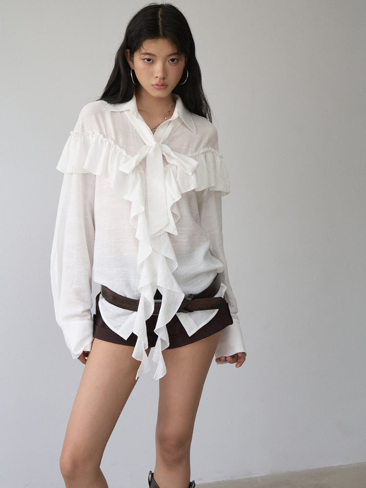 White Ruffled Drawstring Long-Sleeve Shirt