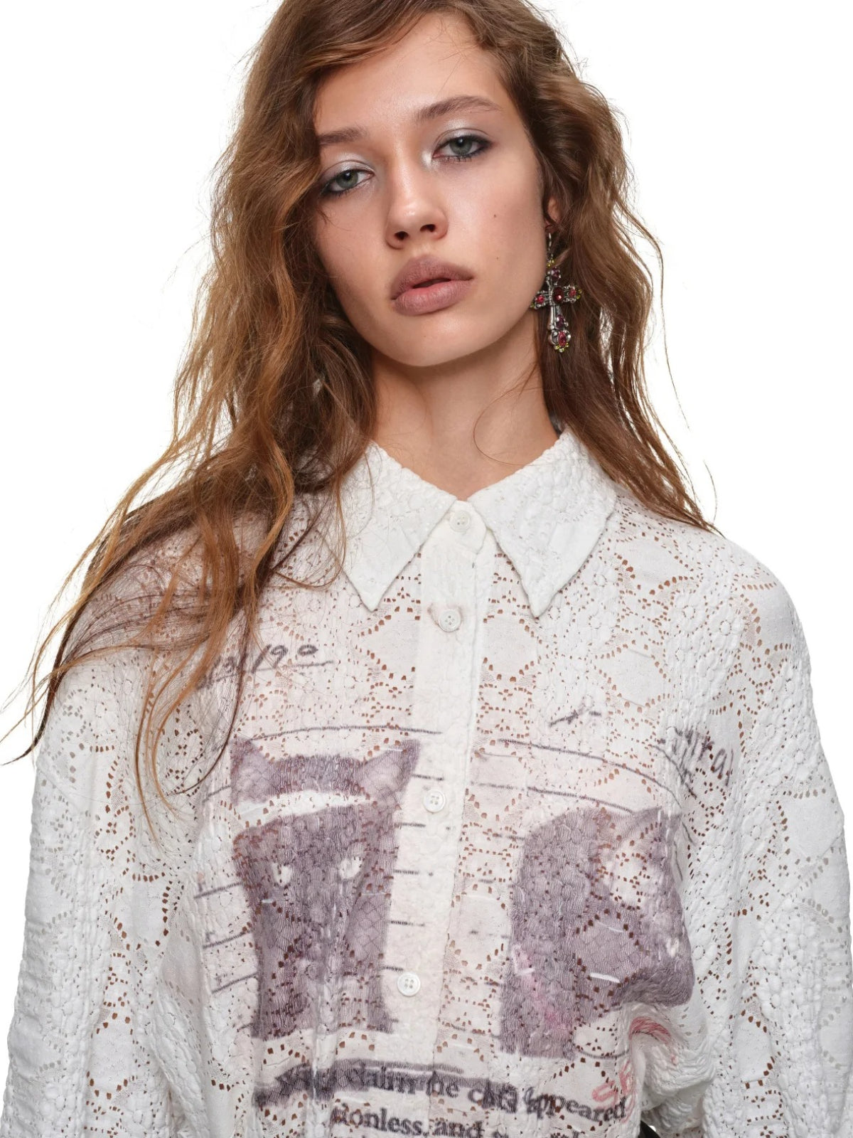 Cat Print Oversized Lace Shirt