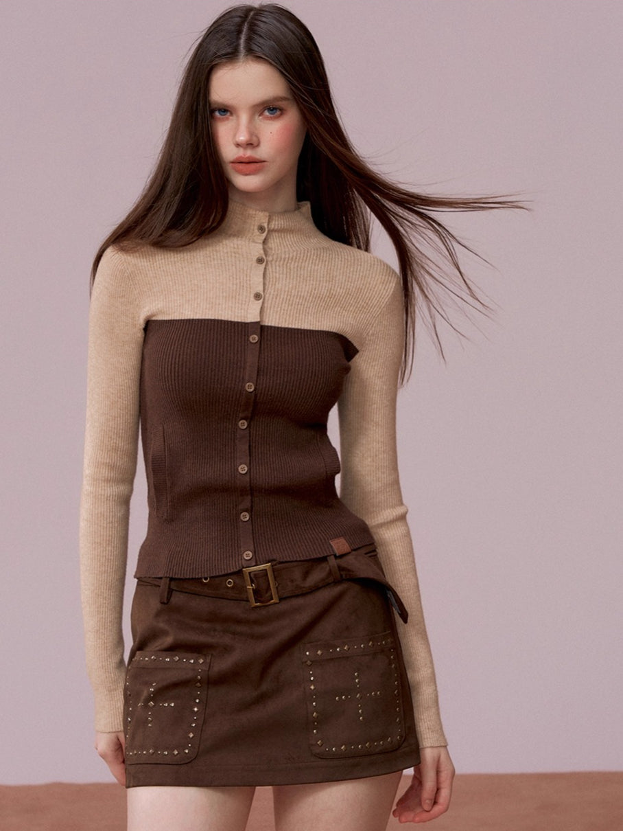 Color-Block High Neck Knit Top & Fringe Cape Set