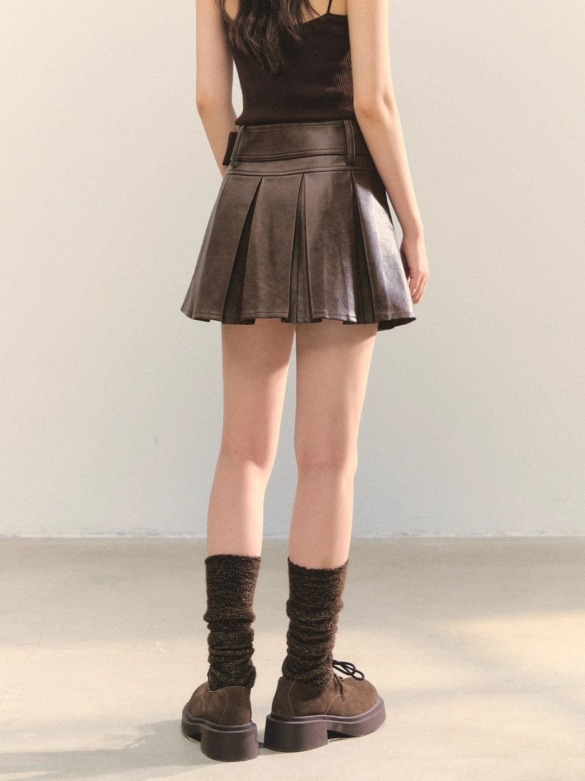 Brown A-Line Belted Pleated PU Leather Skirt