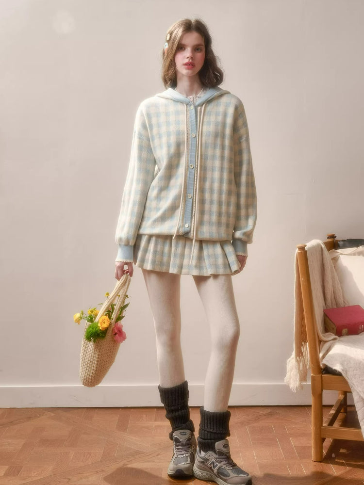 Contrast Gingham Knit Cardigan & Skirt Set