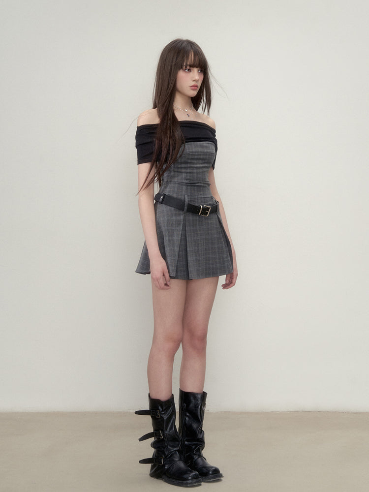 Faux Two-Piece Spliced Waist-Defining Pleated Dress