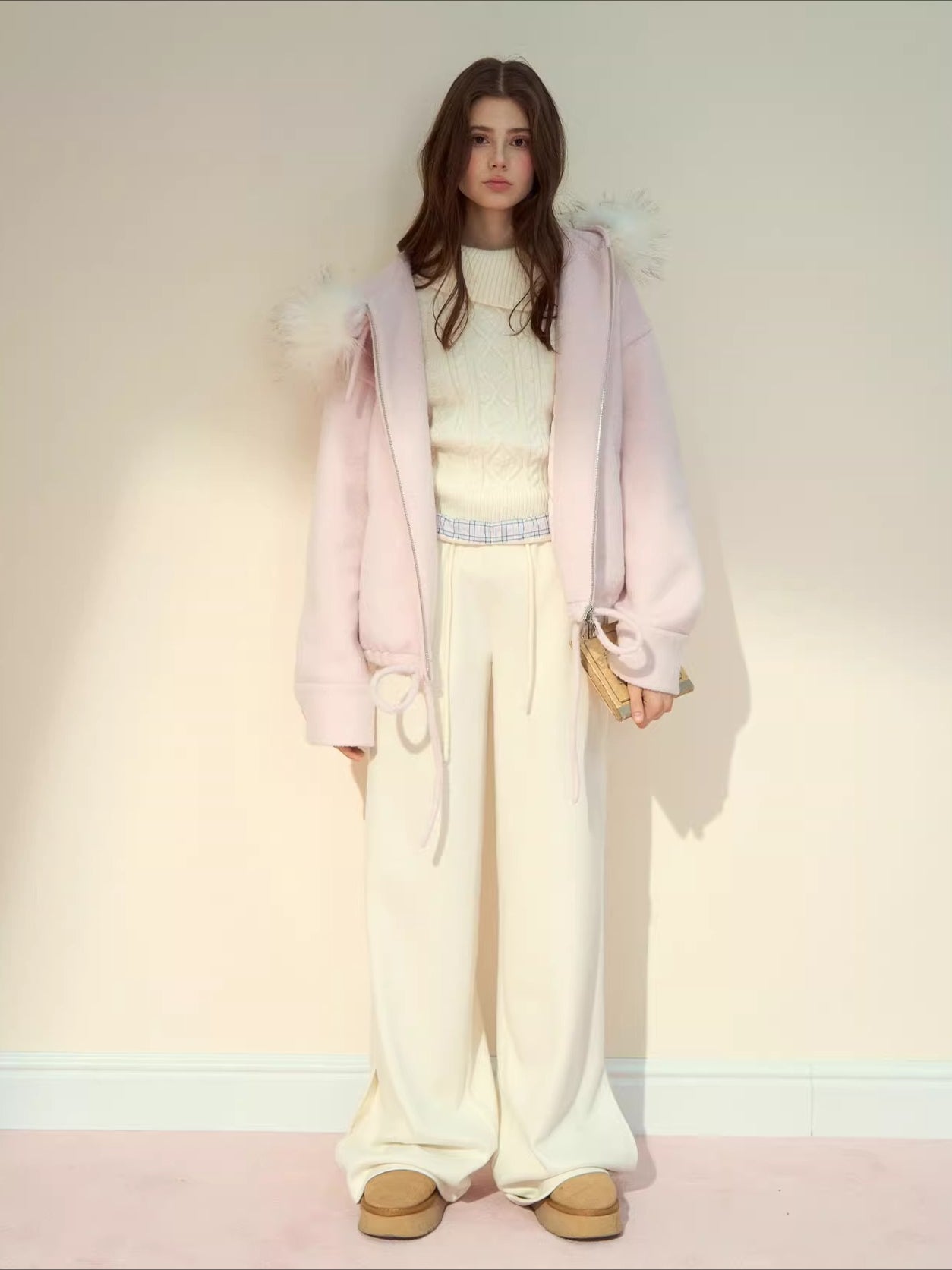 Checked Waist Wool Straight-Leg Pants