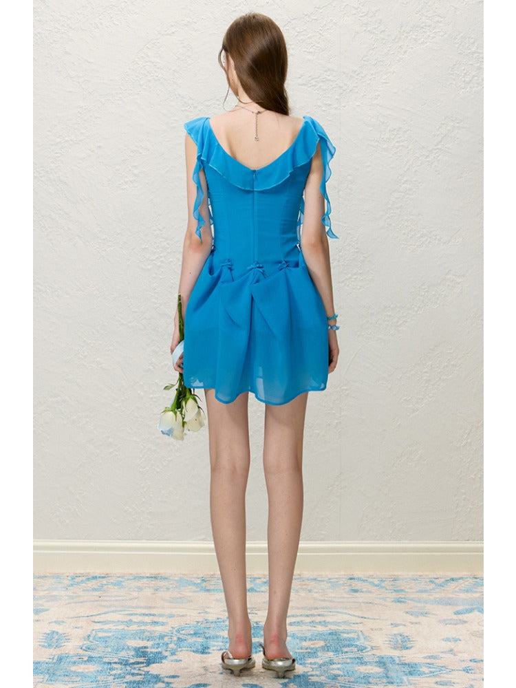 Blue Floral Ruffle Fitted Dress