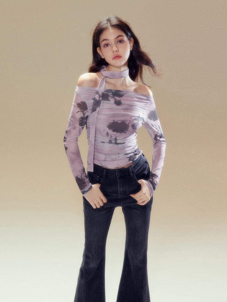 Purple Rose Printed Mesh Long Sleeve T-shirt