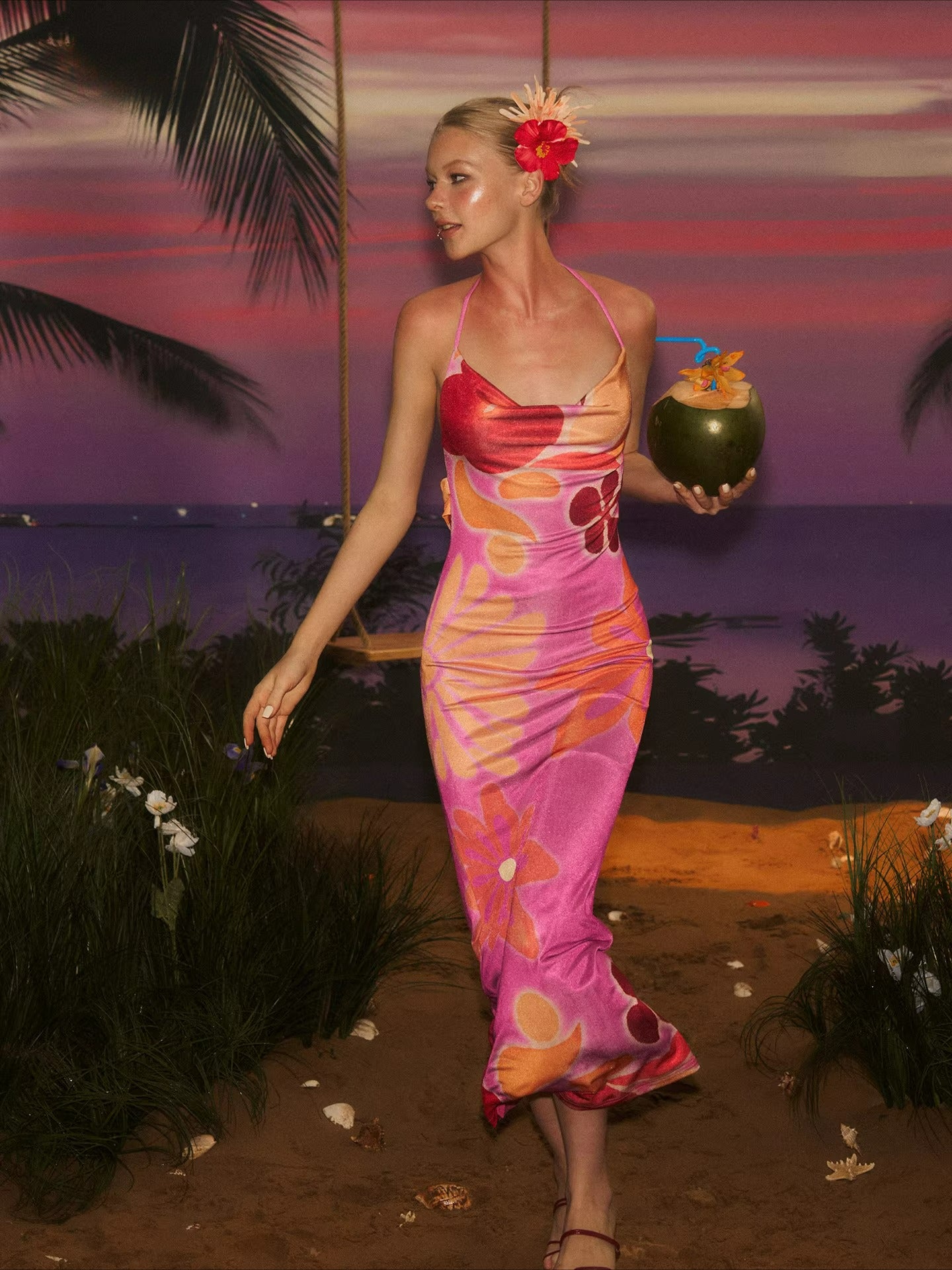 Floral Cowl Neck Backless Maxi Dress