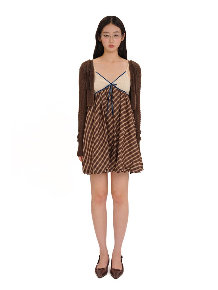 Brown Checkered Velvet Strap Dress Shirt & Cardigan Set
