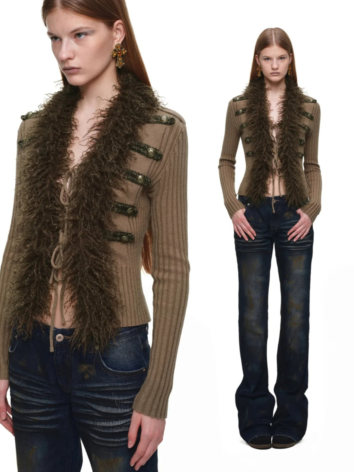 Napoleon Fur Collar Ribbed Cardigan