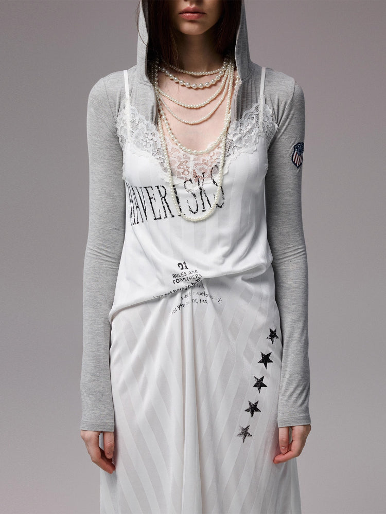 Satin Letter Print Spliced Lace Slip Midi Dress