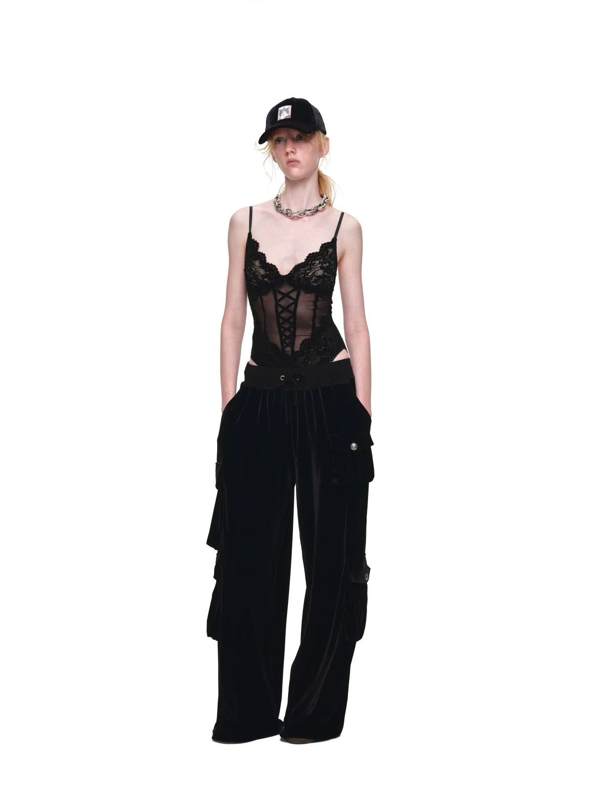 Flocked Lace V-Neck Mesh Bodysuit
