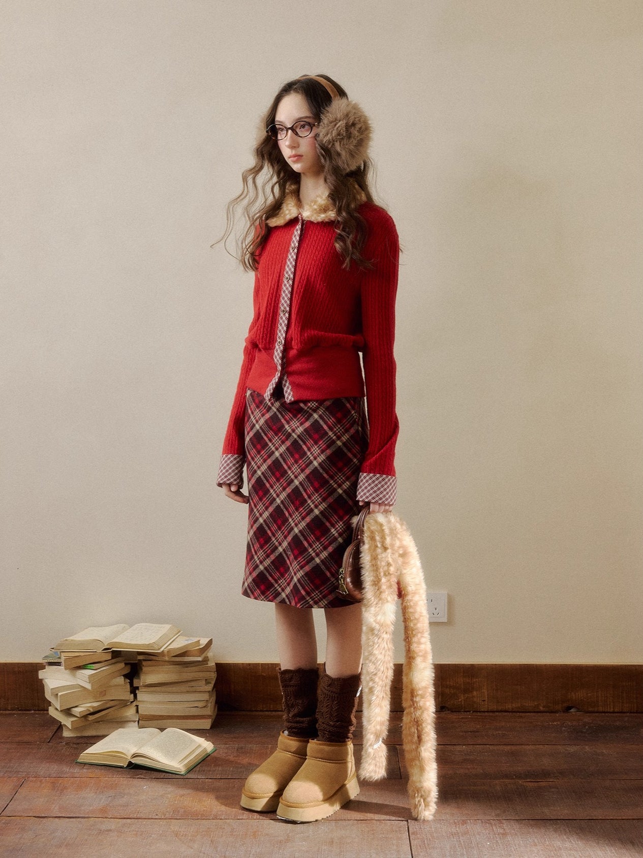 Fur-Collar Plaid Knit Cardigan
