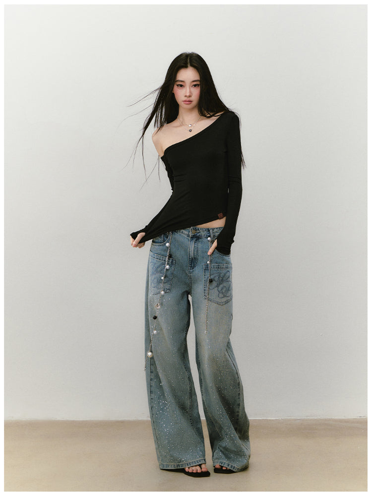 Shimmer Asymmetric Shoulder Irregular T-shirt