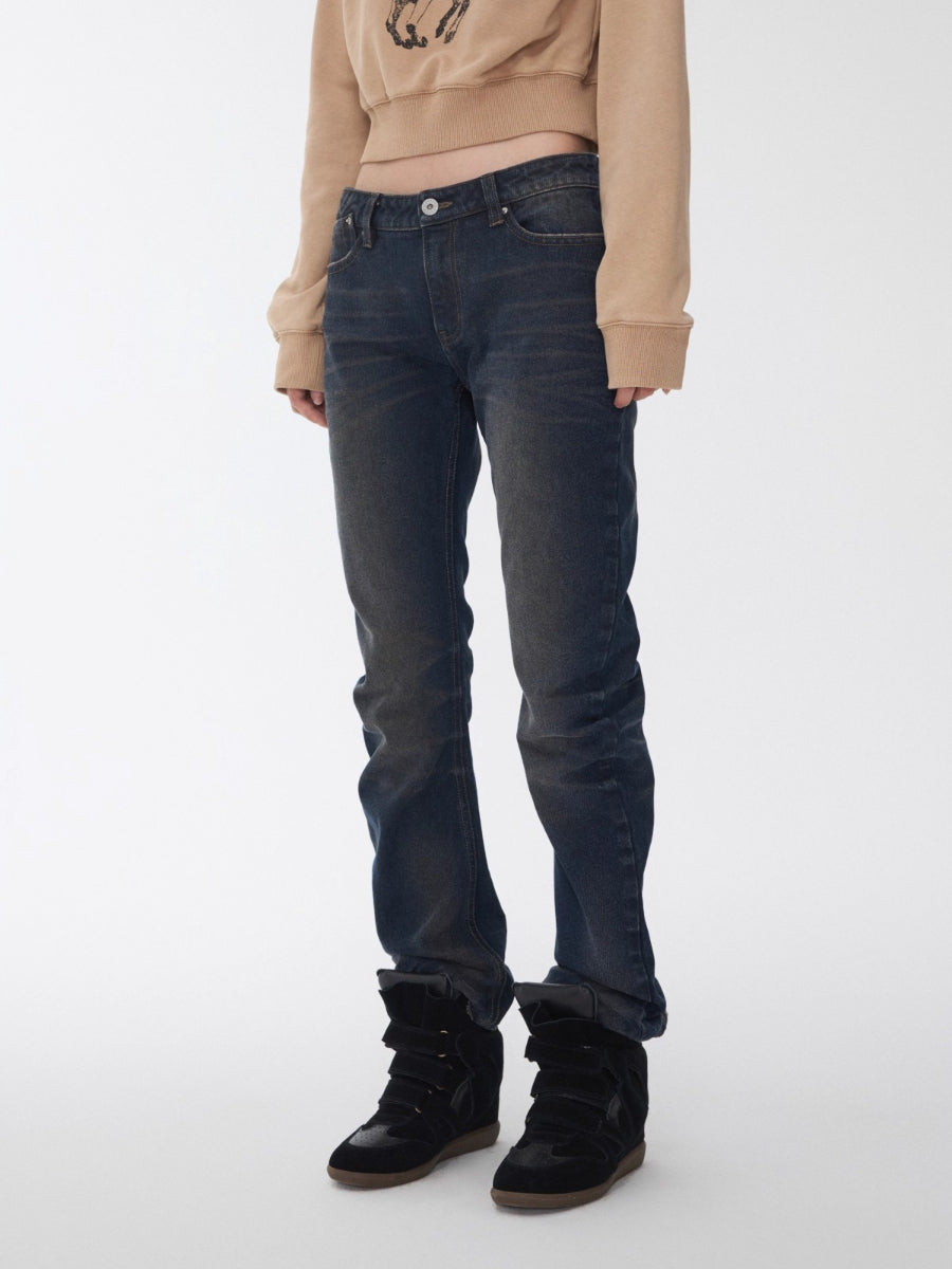Vintage Pleated Washed Denim Curved Jeans