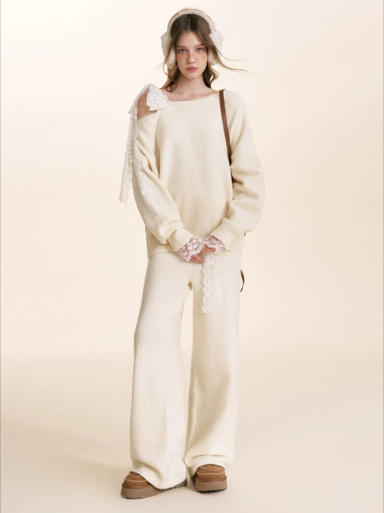 Gray & Apricot Lace-Tie Knit Set
