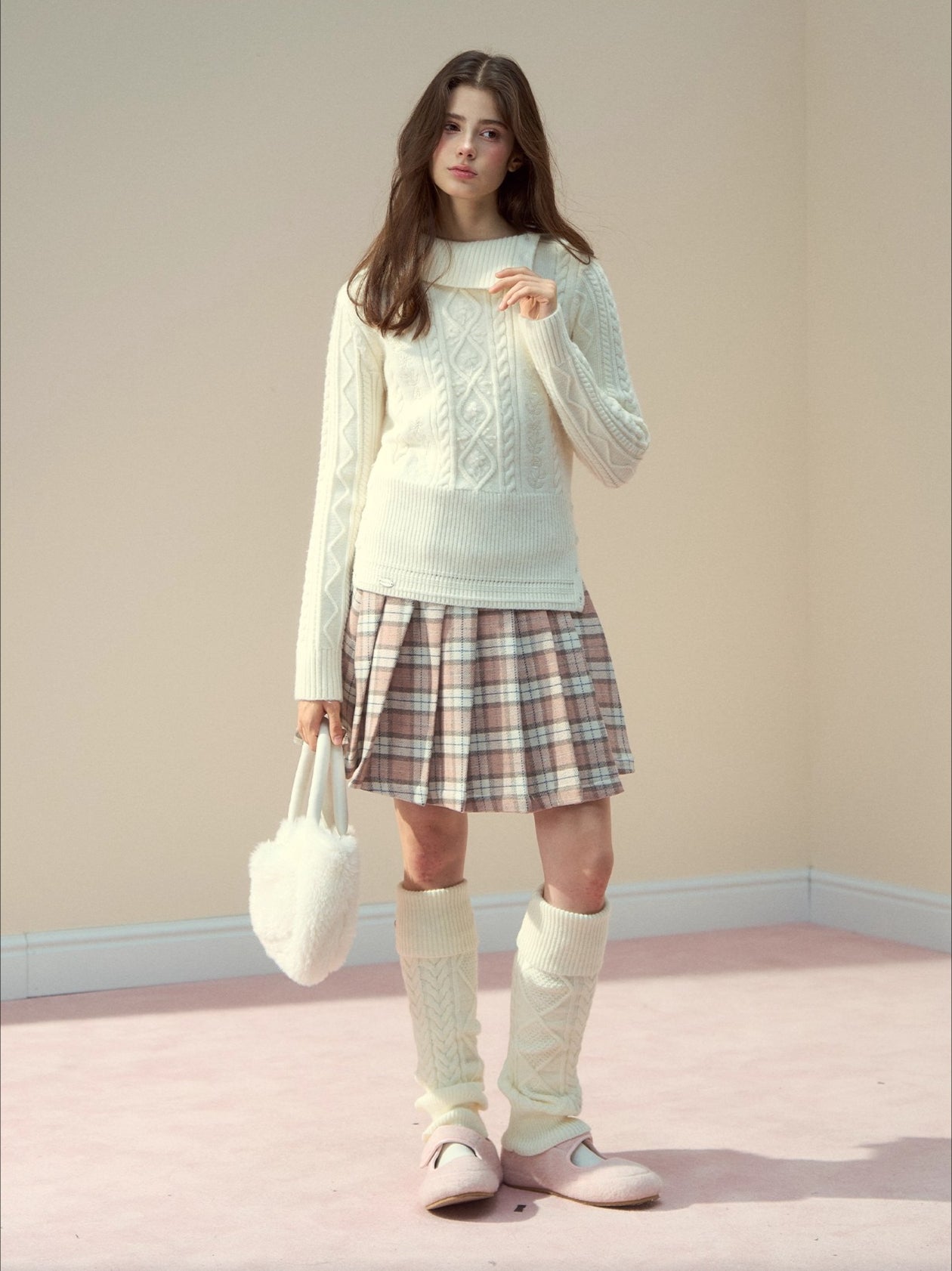 Pink Plaid 60% Wool Pleated Skirt