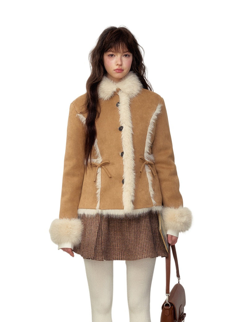 Khaki & Pink Shearling Coat