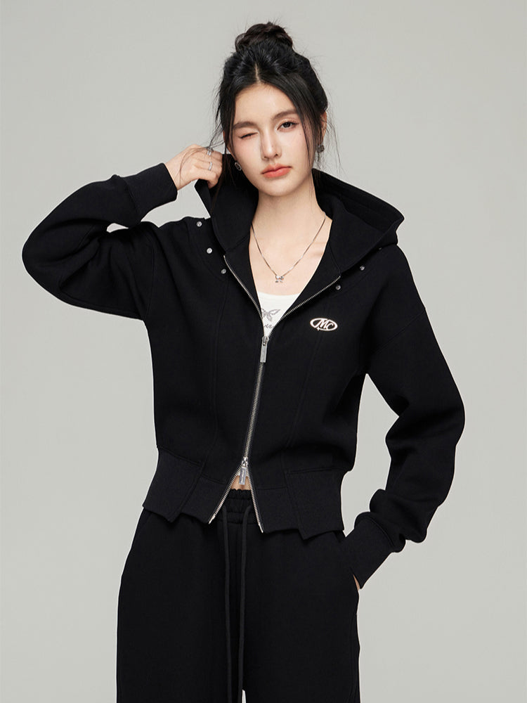 Black & White Zipper Casual Hoodie Set