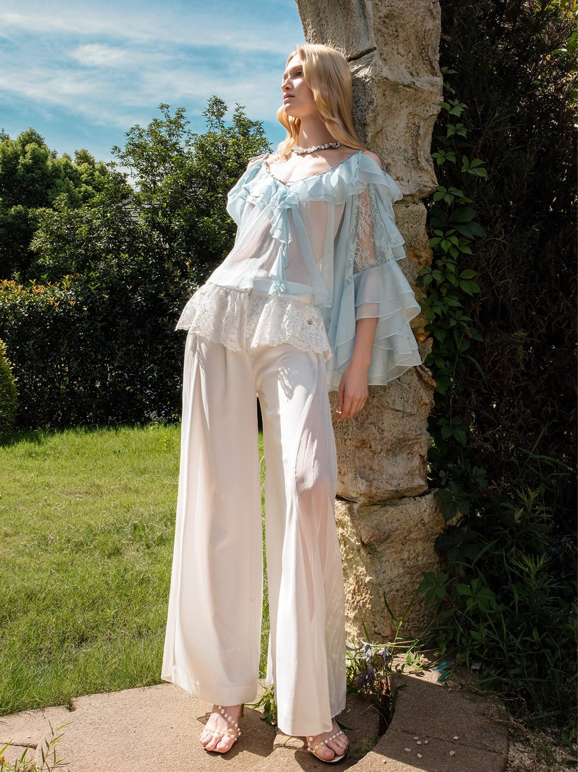 Flowy Chiffon Ruffle V-neck Shirt