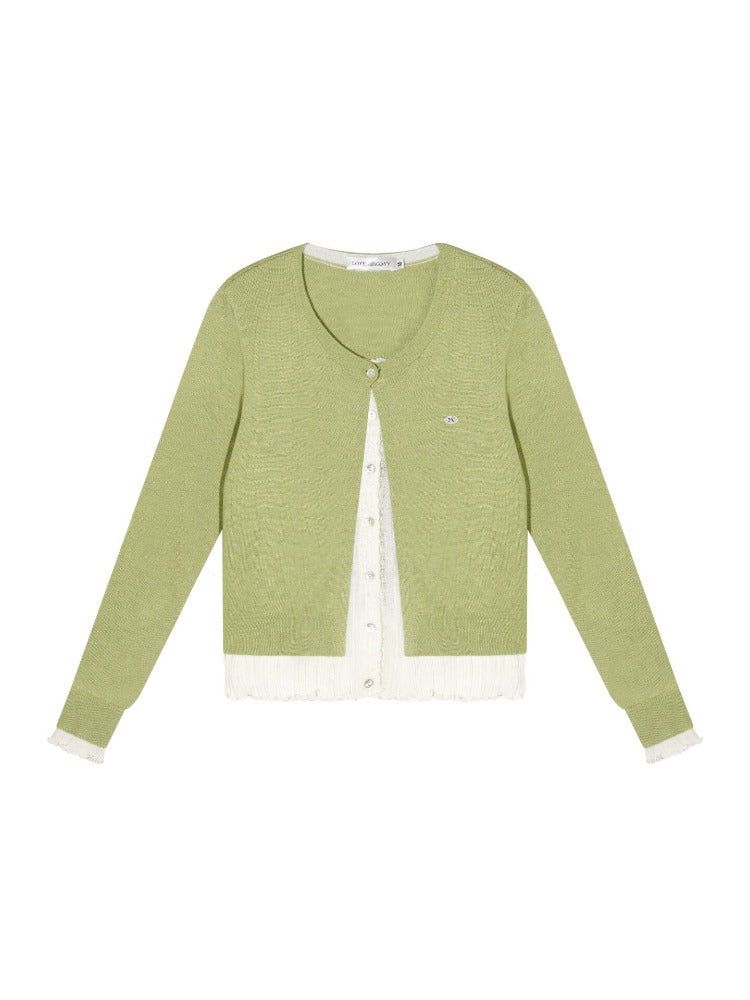 Green Contrast Layered Knit Cardigan