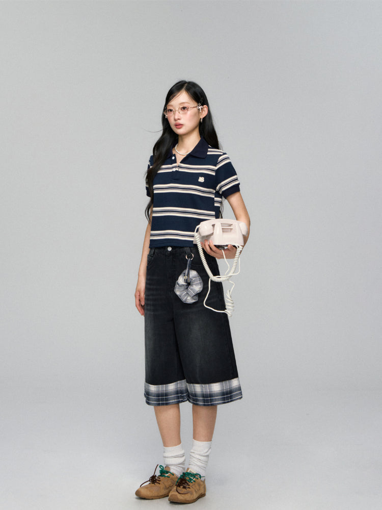 Polo-Collar Striped Color-Blocking T-shirt