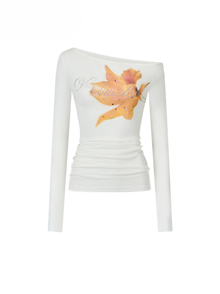 Floral Rhinestone Off-Shoulder Slim-Fit Long Sleeve T-shirt