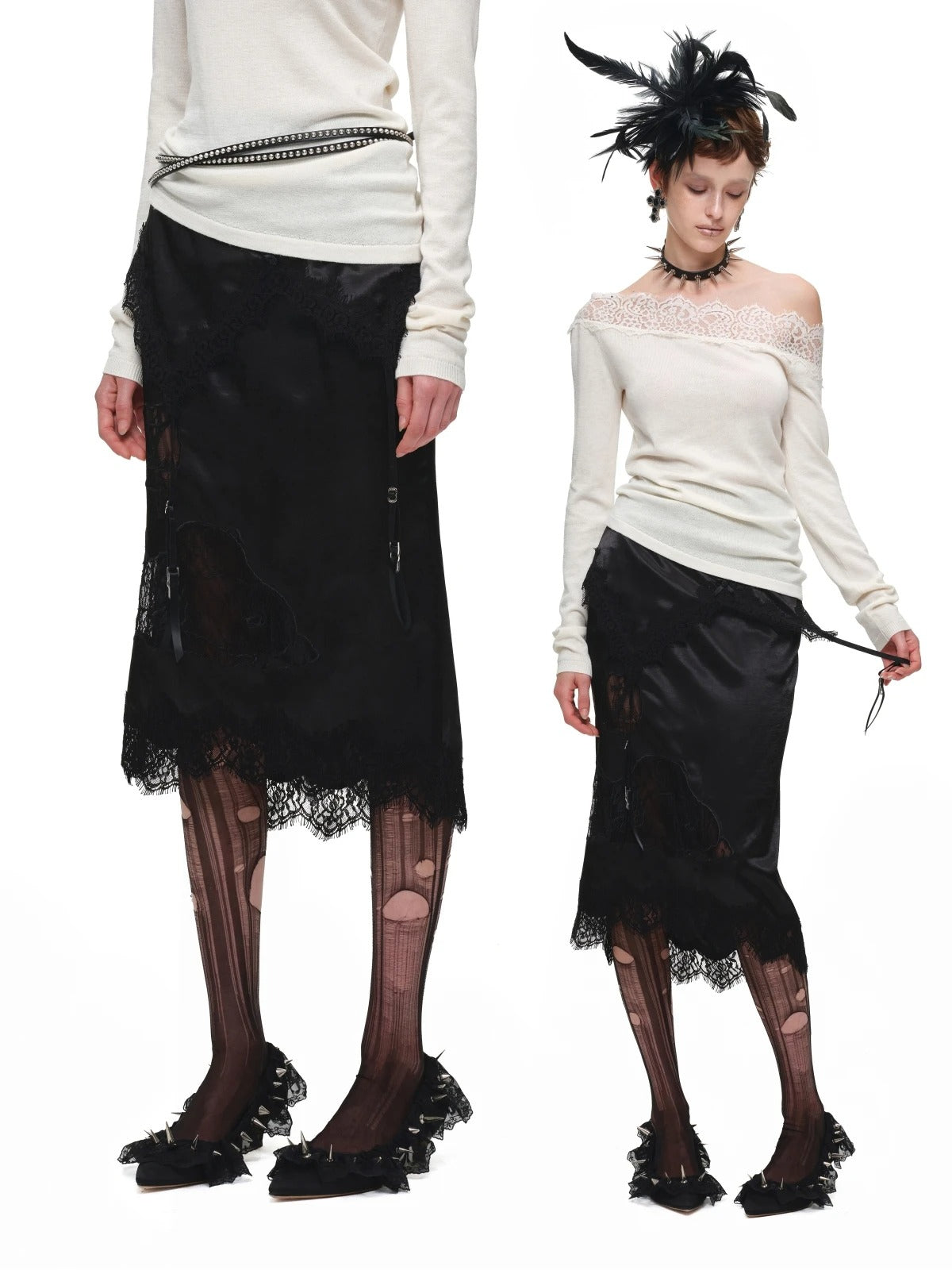 Lace Satin Midi Skirt