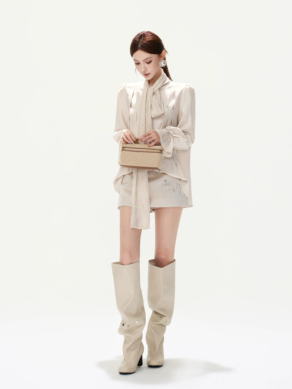 Lace Tie Pleated A-Line Blouse