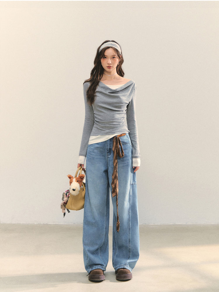 Dangle Collar Fake Two-Piece Color-Blocked Blouse