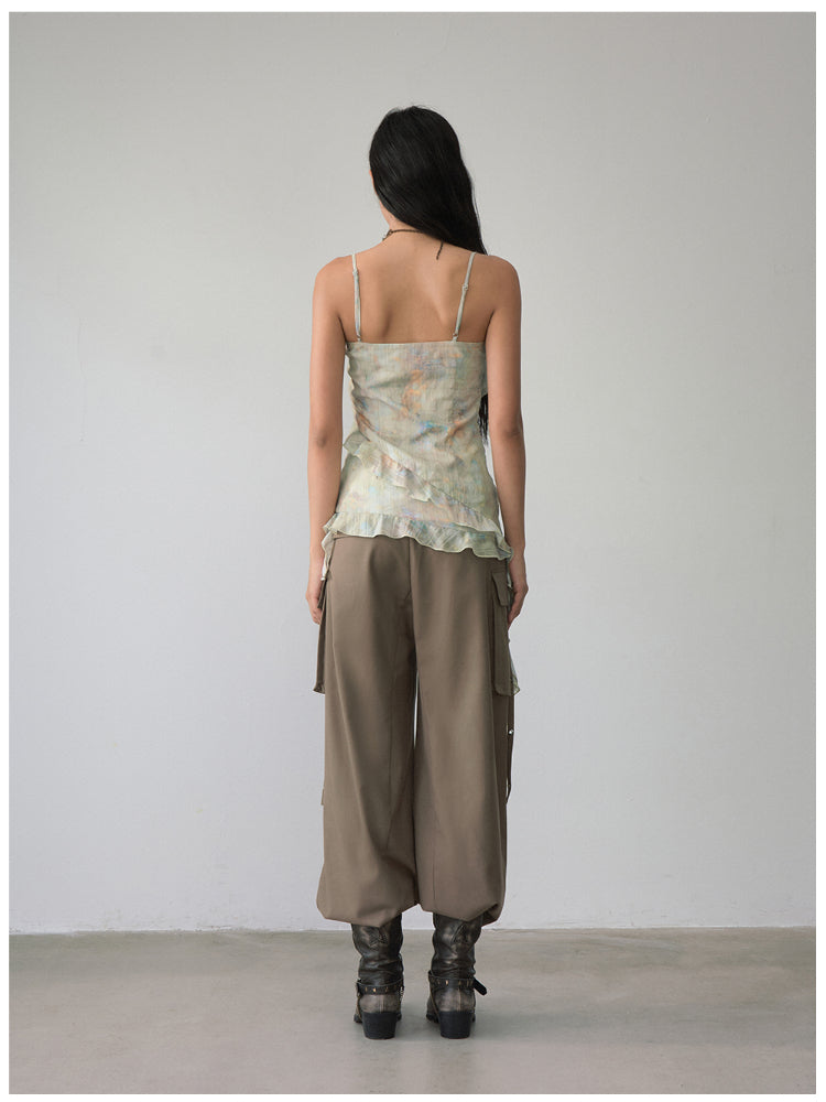 Folded Waist Three-Dimensional Pocket Casual Pants